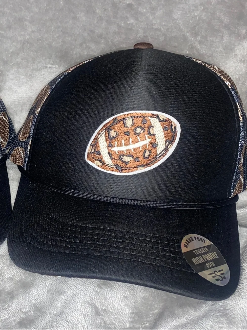 Black Football Magna Pony Mesh Foam Trucker Hat - Leopard